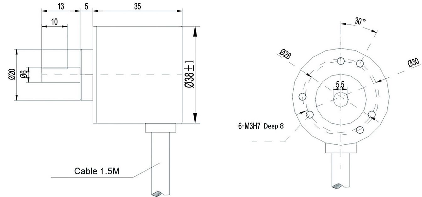 Rotary encoder met 12x6mm D-shaft LPD3806-600BM afmetingen